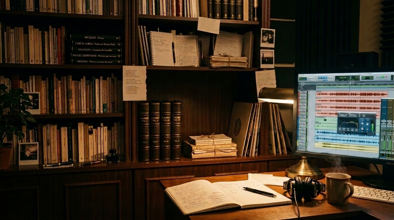Estudio privado de Calibre: biblioteca de madera oscura con clásicos de la poesía, tomos de Calibre, Pro Tools abierto y cuaderno con versos